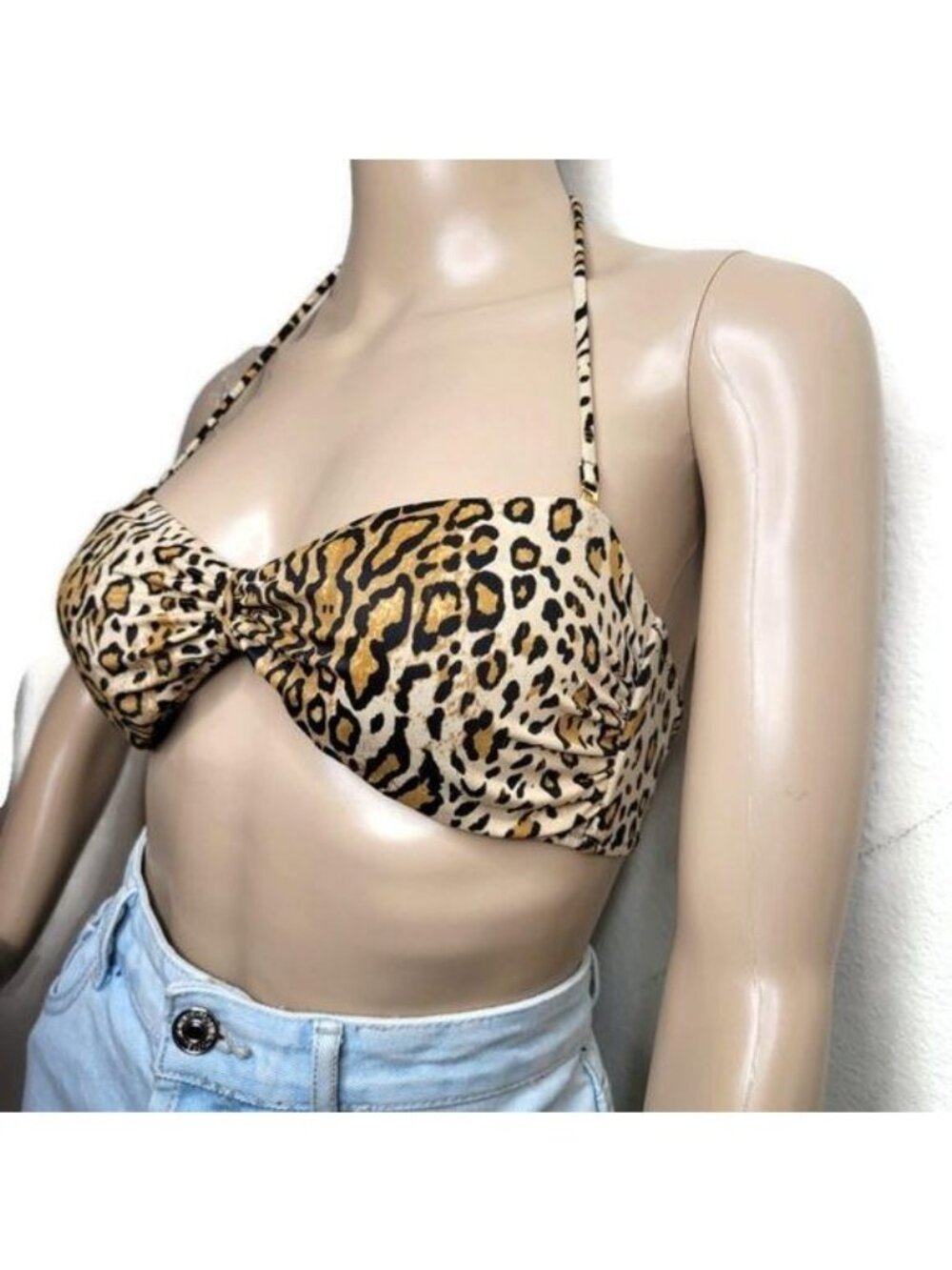 Victorias Secret Leopard Print Halter Bikini Top Tie Back Swimwear size medium